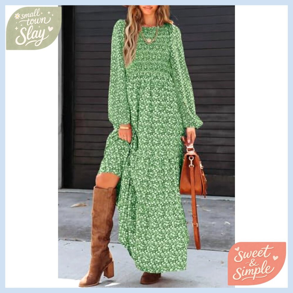 Long Sleeve Floral Maxi Dress Smocked Tiered Casual Flowy Maternity - Picture 4 of 7